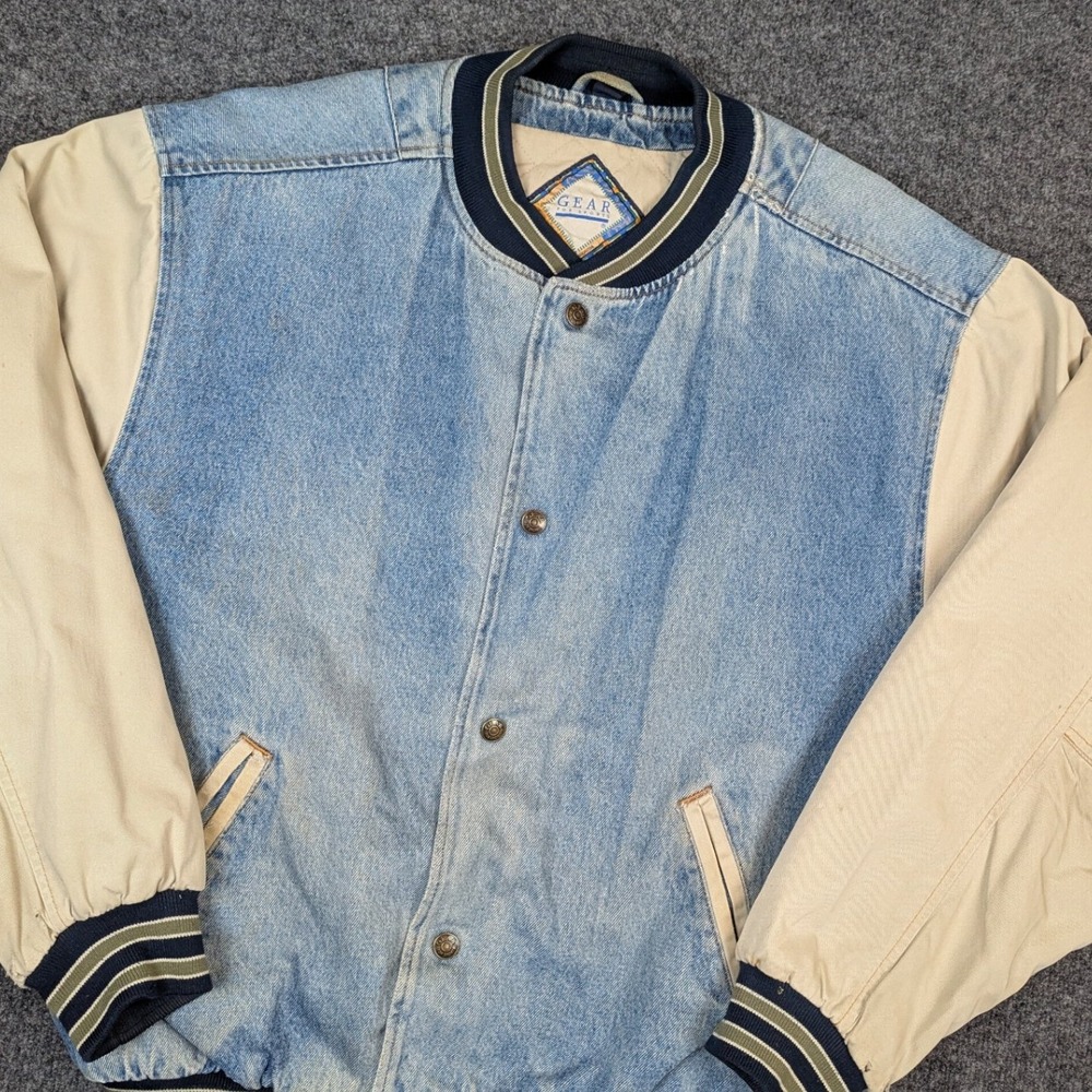 Gear For Sports Vintage Denim Varsity Jacket Blue Tan Distressed Thrashed L